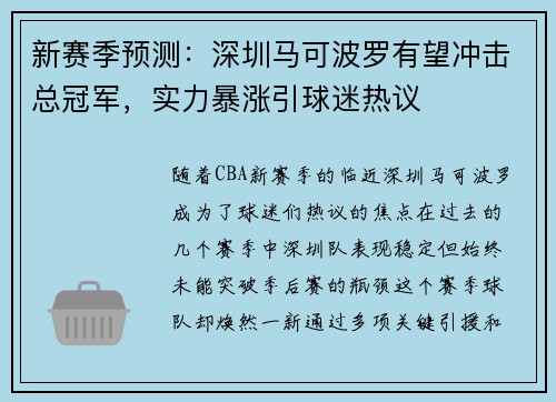 新赛季预测：深圳马可波罗有望冲击总冠军，实力暴涨引球迷热议
